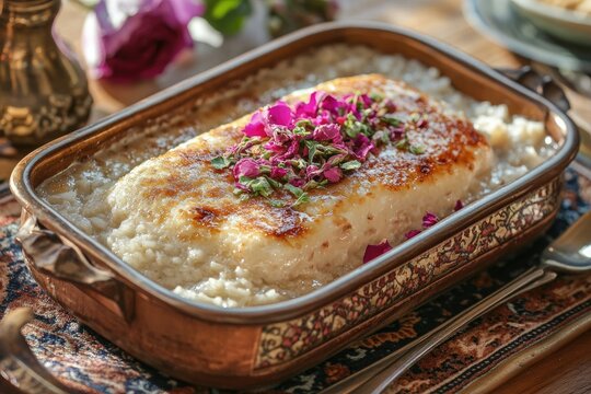 A warm tray of roz bil halib with rosewater rice pudding
