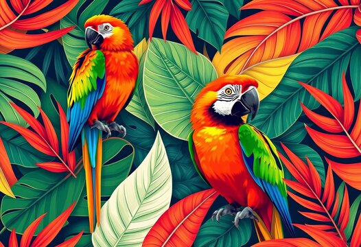 Abstract parrot & tropical leaf seamless pattern Bold colors, modern exotic design, parrot, wallpaper