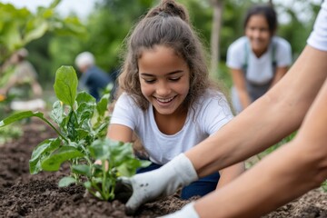 A joyful child smiles while planting vegetables in a vibrant garden, showcasing the joy of nature, growth, and the nurturing relationship between children and the environment.