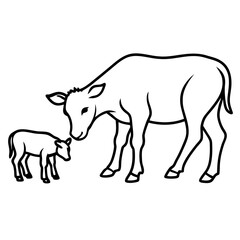 Obraz premium Line art vector silhouette of a cow and a small cow grazing in a field