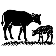 Fototapeta premium Line art vector silhouette of a cow and a small cow grazing in a field