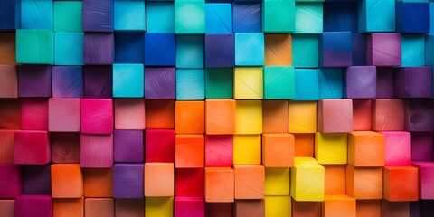 Colorful background made of wooden cubes in rainbow colors. Background with wooden blocks for design, banner, or poster. Colorful wooden cube pattern. Wide format. bokeh background