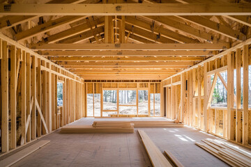 Interior view of wooden house under construction in progress Generative AI