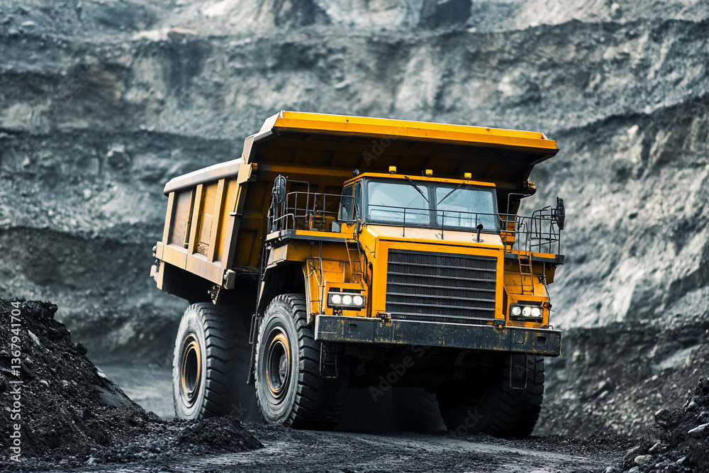 Poster yellow mining truck operates in coal mine during daylight generative ai