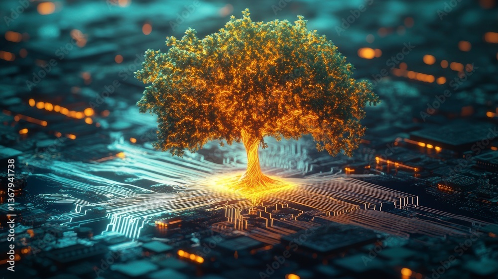 Poster glowing tree growing from a circuit board, symbolizing technology and nature.