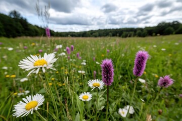 Obraz premium An expansive field filled with vibrant wildflowers swaying gently in the breeze, showcasing nature's beauty and the tranquility of a sunny day outdoors.
