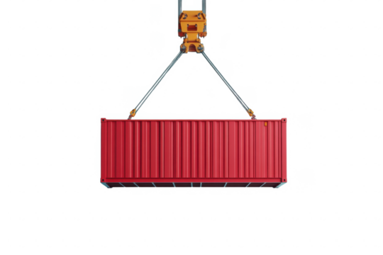 Red shipping container suspended by cargo crane hook symbolizing global trade and industrial logistics in a minimalist setting isolated on transparent background