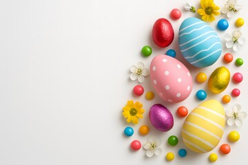 Minimalist Easter Background with Decorative Elements - Colorful Decorated Eggs, Metallic Chocolate Eggs, Colorful Candies, and White and Yellow Flowers, Arranged on the Right Side of the Image