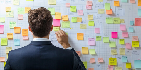 Executive man reviews project plans with sticky notes Generative AI