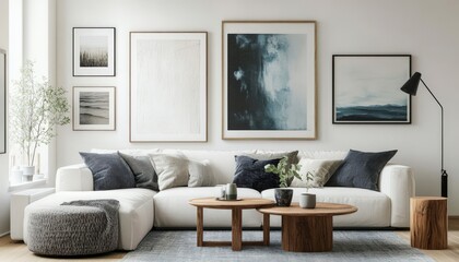 Obraz premium Modern White Sectional Sofa in a Stylish Living Room with Abstract Wall Art and Wooden Coffee Tables