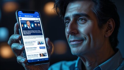Man holding smartphone displaying mobile news application with bokeh lights in background