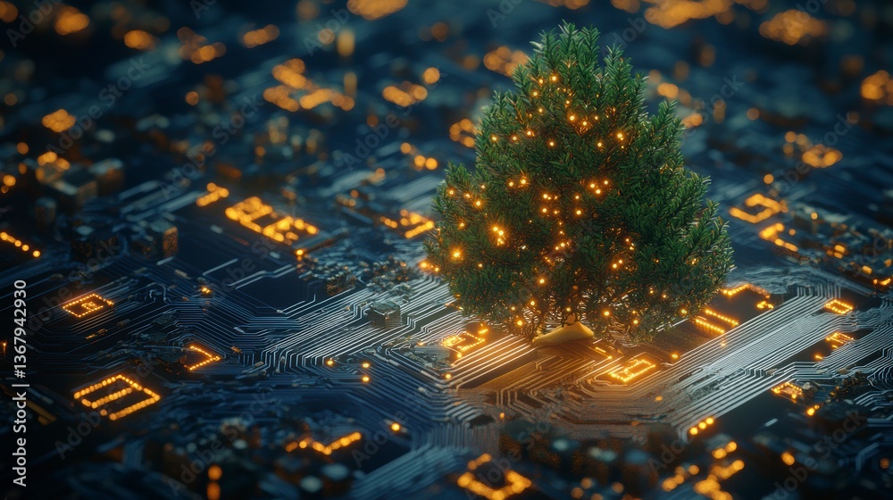 Poster illuminated christmas tree on a circuit board.
