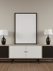 Minimalist interior mockup with blank frame. Empty frame wall poster mockup. Interior mockup with modern design. Contemporary interior scene
