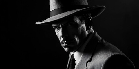Detective in a vintage hat capturing intrigue in dim light Generative AI
