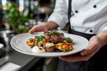 A chef proudly presents a gourmet dish showcasing a perfectly cooked piece of meat with vegetables, highlighting culinary excellence and artistry in food preparation.