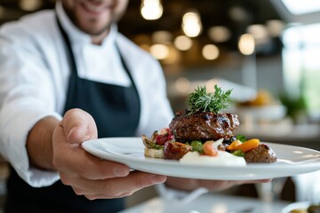 A smiling chef presents a beautifully plated gourmet dish, showcasing skillful culinary artistry and attention to presentation with vibrant ingredients and flavors.