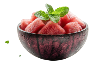 Juicy watermelon cubes, a refreshing summer treat in a dark bowl, garnished with fresh mint leaves, creating a vibrant and cool image.