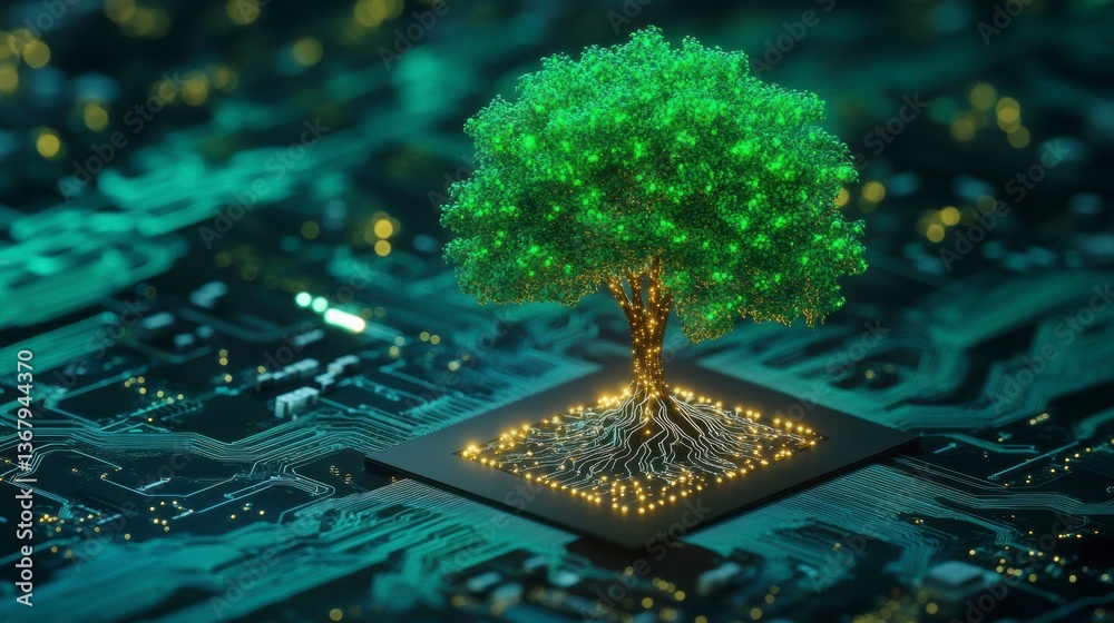 Aufkleber glowing green tree growing from a computer chip.