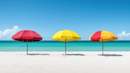 Three vibrant beach umbrellas in red yellow and red yellow color combinations stand on a pristine white sand beach next to a turquoise ocean under a bright sunny sky providing