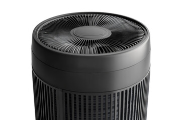 Sleek black air purifier with a prominent fan, quietly enhancing air quality in modern homes.