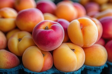Fresh apricots piled in a vibrant market setting  
