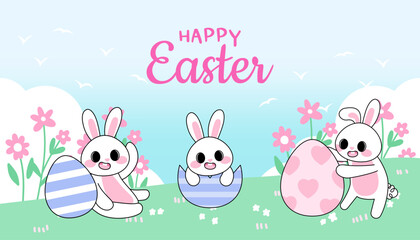 Cute Easter Bunny Banner Pastel Spring Rabbit and Egg Landscape Poster for Holiday.