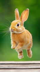 Fototapeta premium A playful orange bunny rabbit joyfully leaps across a sunny wooden path in a vibrant green field on a cheerful sp day showcasing its adorable fluffy fur and long ears.