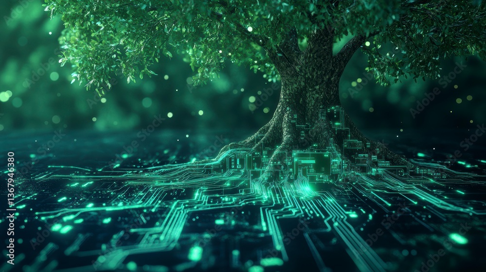 Poster Lush green tree roots intertwine with glowing circuit board, symbolizing nature and technology connection.