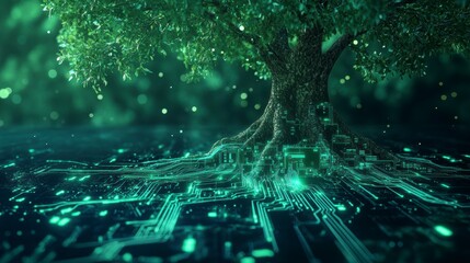 Lush green tree roots intertwine with glowing circuit board, symbolizing nature and technology connection.