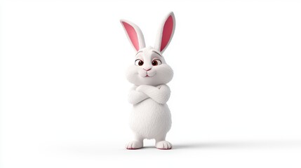 Obraz premium Adorable cartoon bunny rabbit character with arms crossed, standing against a white background; perfect for Easter, children's books, or cute sptime illustrations; this