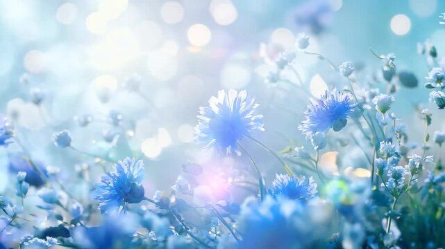 A dreamy field of blue cornflowers and delicate white blossoms set against a soft, ethereal blue bokeh background. The image conveys a peaceful, romantic, and nature-inspired mood
