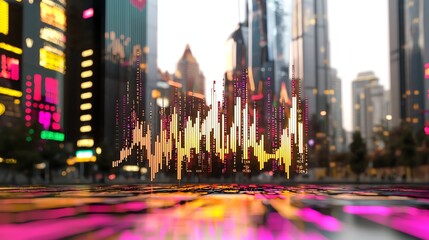 Obraz premium bar graph with volume overlay showing stock index performance, set in transparent glass HUD, ultra-realistic 3D render