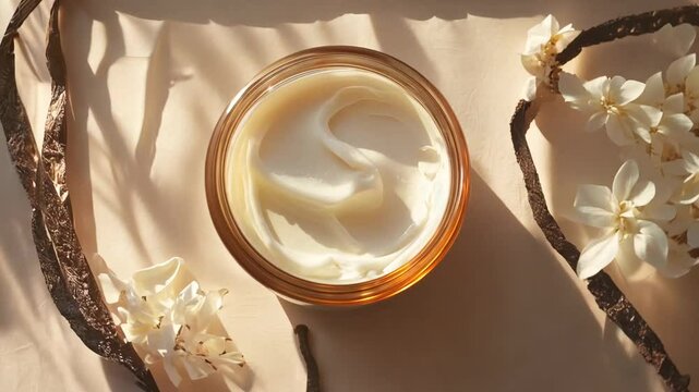 A luxurious jar of creamy body moisturizer sits bathed in soft sunlight, surrounded by vanilla pods and delicate white blossoms, evoking a sense of elegance, comfort, and natural indulgence. 