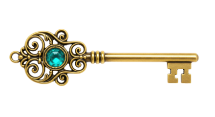 Isolated Ornate Gold Key with Turquoise Gem