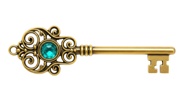 Isolated Ornate Gold Key with Turquoise Gem