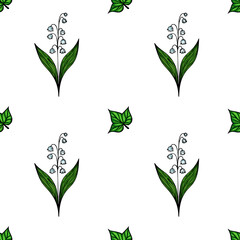 A vector seamless pattern featuring white lily of the valley flowers with green leaves on a white background. The design is elegant and suitable for textiles or wallpapers.