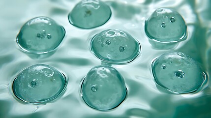 Transparent spheres with bubbles floating in a liquid substance