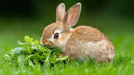 Fototapeta premium An adorable brown bunny rabbit with large ears happily munches on a pile of fresh green leafy vegetables in a lush green grass field enjoying a healthy meal.