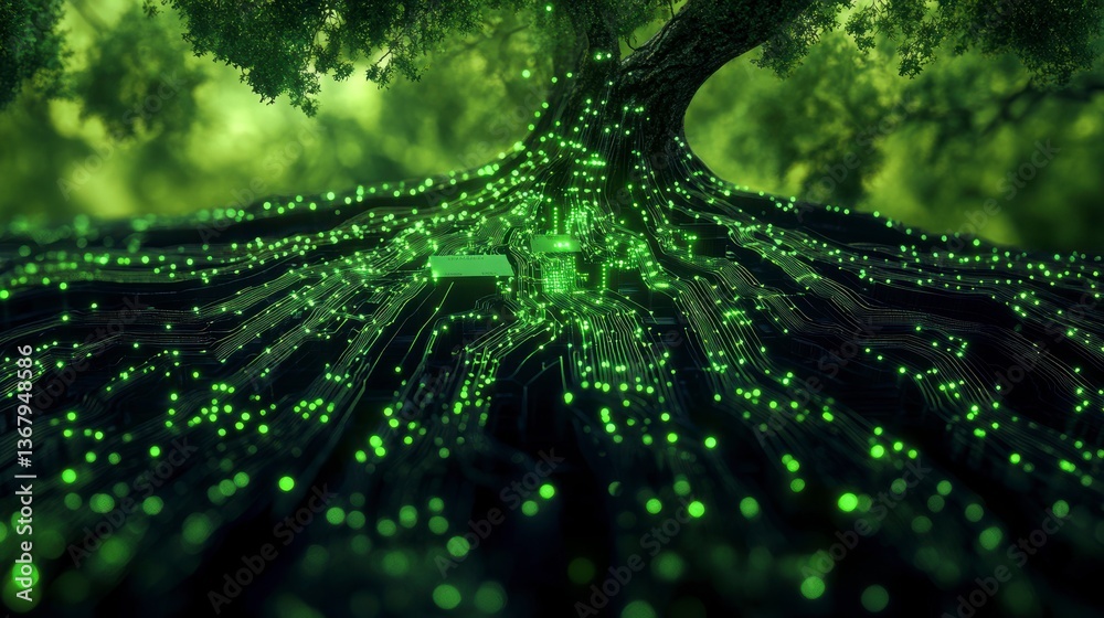 Poster glowing green roots of a large tree, representing digital network or connection to nature.