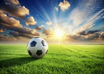 Panoramic View of Soccer Ball on Green Grassy Field Under Sunny Sky