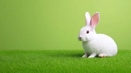 Fototapeta premium An adorable white domestic rabbit sits peacefully on a lush green grass background, perfect for Easter or sp themed designs and projects needing a cute bunny image.