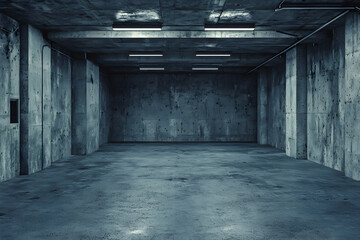 A dimly lit, empty concrete garage with gray walls creates an industrial, futuristic atmosphere, perfect for high-tech product displays.