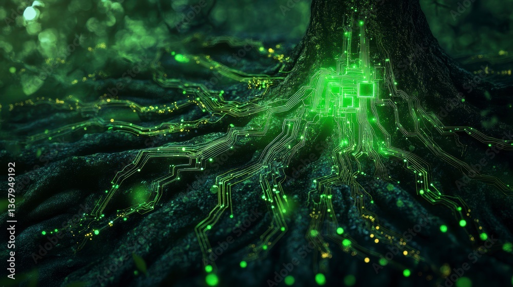 Poster Glowing circuit board embedded in tree roots, symbolizing nature and technology merging.