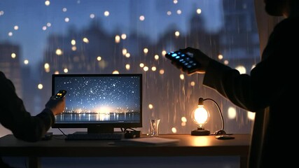A student enjoying a cozy dorm party with a desk lamp