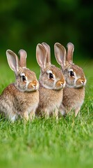 Obraz premium Three adorable brown bunnies sit peacefully together in a lush green meadow, enjoying the sptime sunshine; a heartwarming image of wildlife harmony and natural beauty.