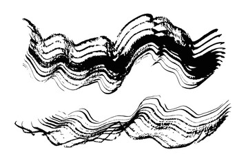 Artistic grunge wavy striped textured vector black ink brush stroke border set. Dynamic wavy curve isolated grunge paintbrush for texture design, sound wave background, striped mascara, ribbon