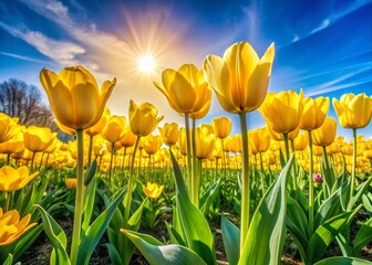 Obraz premium Panoramic View of Vibrant Yellow Tulip Garden in Springtime Bloom