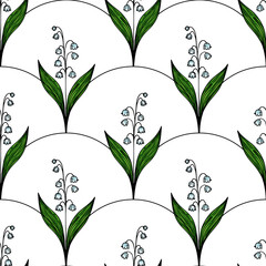 A vector seamless pattern featuring stylized lily of the valley flowers with green leaves on a white background. The design is repetitive and elegant, suitable for textiles or wallpapers.