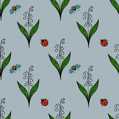 A vector seamless pattern featuring stylized lily of the valley flowers, bees, and ladybugs on a light blue background. 
