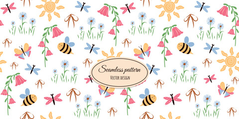 Delicate seamless floral pattern with hand-drawn bees, butterflies and flowers in a modern style. Vector flat illustration in vintage style. © Alyona 